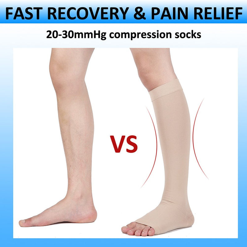 [Australia] - Compression Socks, 20-30 mmHg Graduated Knee-Hi Compression Stockings for Unisex, Open Toe, Opaque, Support Hose for DVT, Pregnancy, Varicose Veins, Relief Shin Splints, Edema, Beige Large 1 Pair Beige 