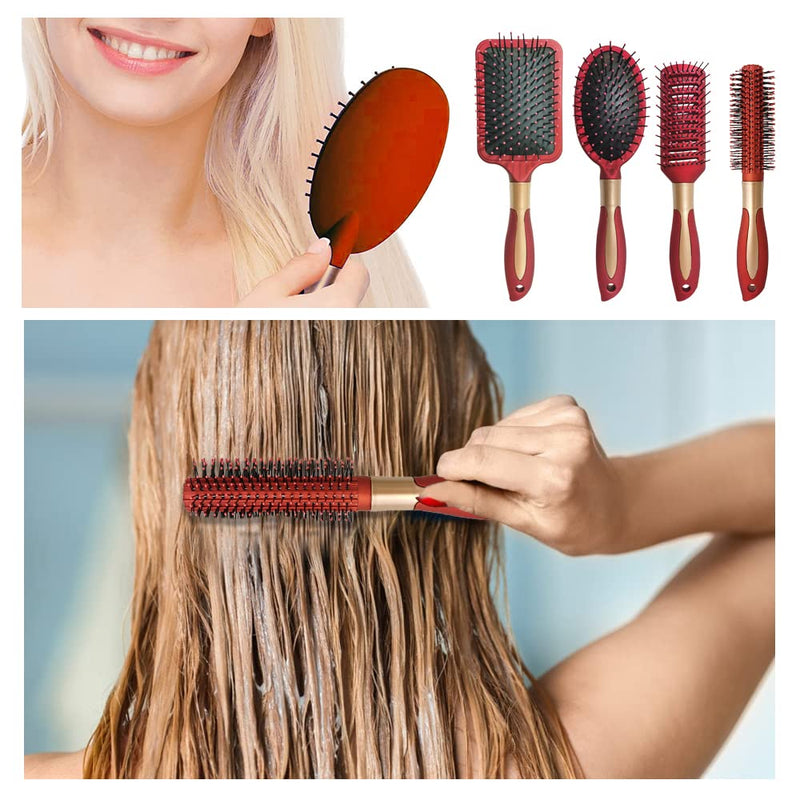 [Australia] - 4 Pcs Hair Brush Set,Anti Static Massage Oval Comb,Detangling Brush Round Hair Brush Vent Hair Brush ,Detangling Hairbrush for Women Men and Kids Red 
