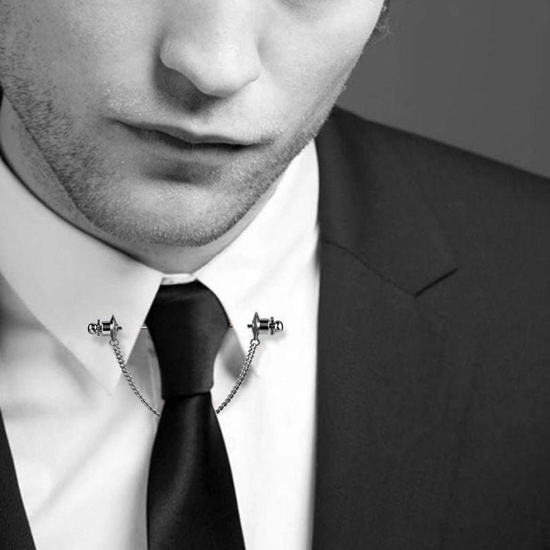 [Australia] - Mens Shirt Collar Pins Necktie Tie Cravat Pin Clips with Chain Lapel Pin Collar Bar Tassel Brooch Gold Silver Black Tone Black Hat Head Pin 