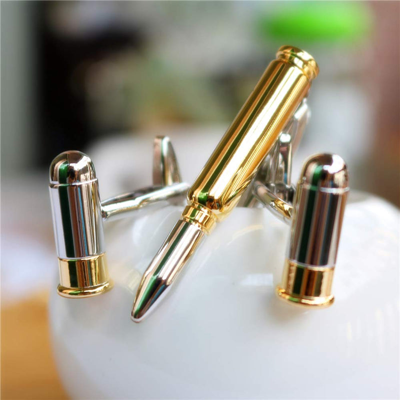 [Australia] - BXLE by Cool Shooting Bullets Cuff Links & Stickpin Bar Set - Gun Shot Cufflinks Tie Clip - Gift Boxed Necktie Pins Shirt Studs for Sports Hunting Cartridge Shells Gamer Tie Clip + Cufflinks 