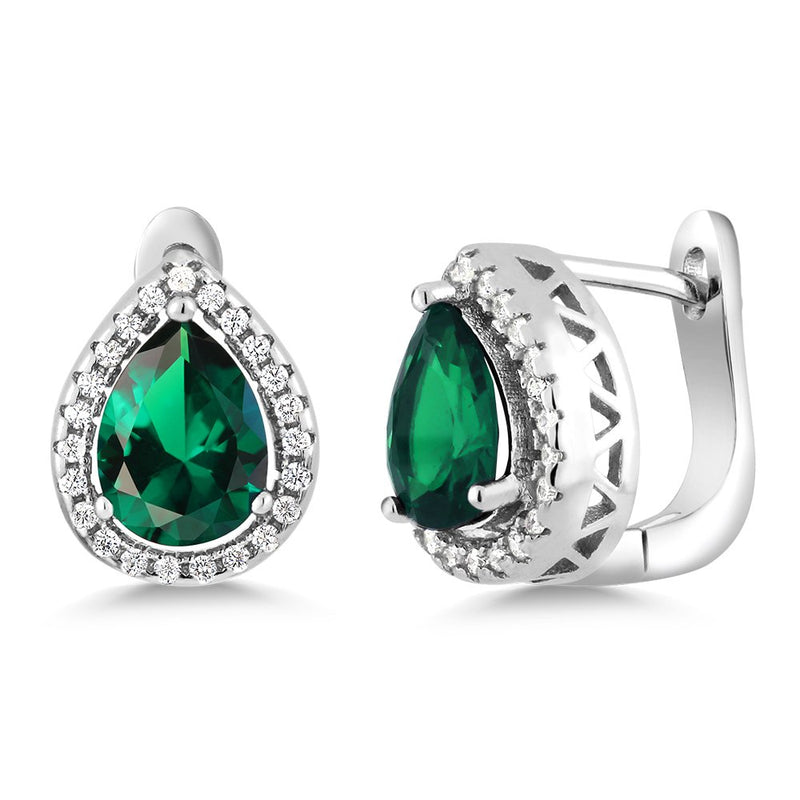 [Australia] - Gem Stone King Sterling Silver Pear Shape Green Nano Emerald Pendant Earrings Set 6.50 cttw with 18 Inch Silver Chain 