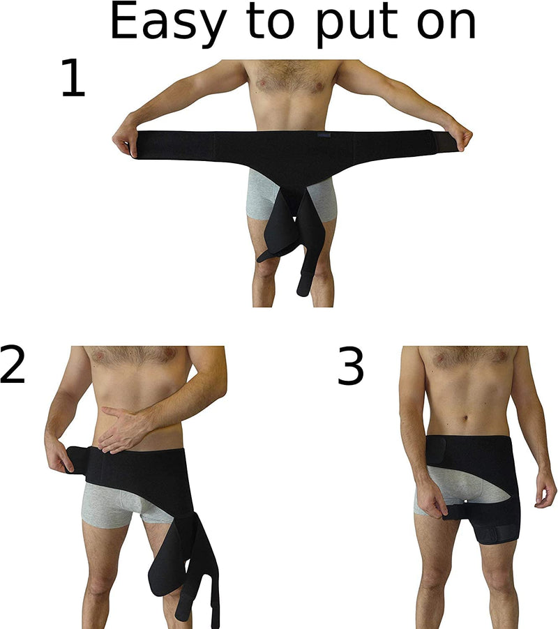 [Australia] - Hip Brace - Thigh Hamstring Sciatica Pain Relief Brace - Compression Support Wrap for Hip Flexor Strain, Groin Pull, SI Joint, Arthritis, Bursitis, Sciatic Nerve for Men, Women (Black) Black 