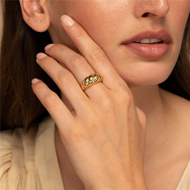 [Australia] - 6PCS 18K Gold Plated Thick Dome Chunky Rings for Women Girls Braided Twisted Signet Chunky Gold Ring Set Minimalist Statement Ring Jewelry Size 5-9 