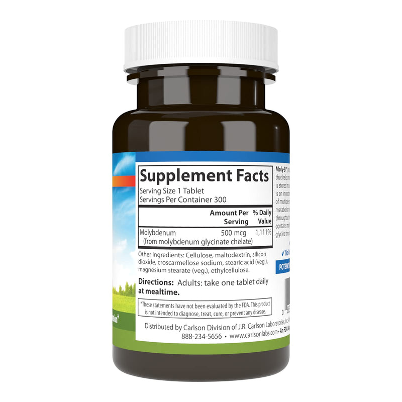 [Australia] - Carlson - Moly-B, Chelated Molybdenum Supplements, Metabolism Support & Enzyme Activation, Molybdenum Glycinate Chelate, 300 Vegetarian Tablets 300 Count (Pack of 1) 