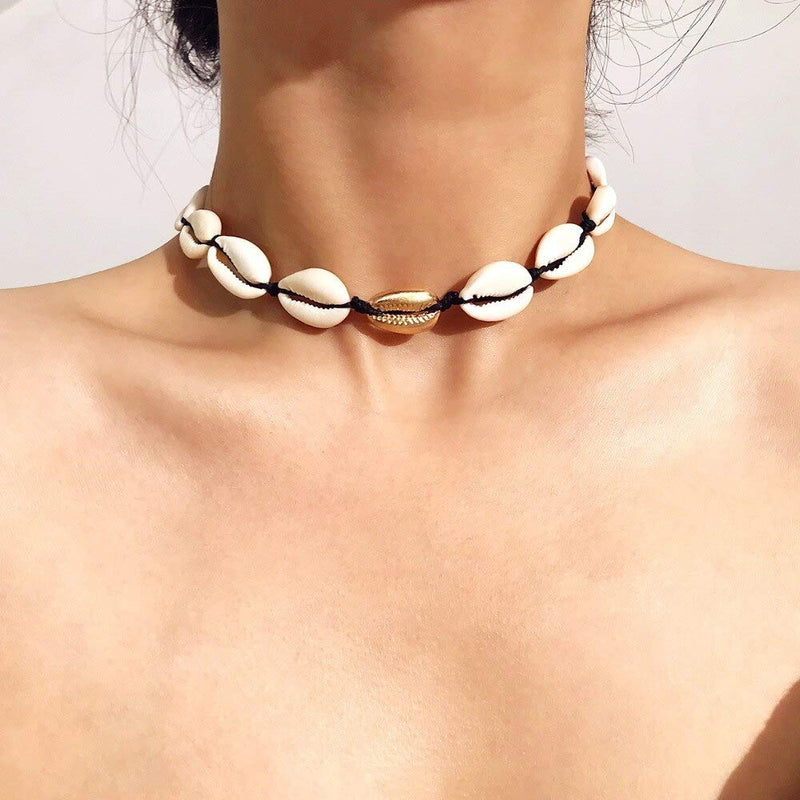 [Australia] - BEUXEL Natural Shell Choker Necklace Bracelet Set for Women and Girls, Hawaii Bohemian Style Beach Jewelry Made with Handpicked Cowrie Shell and Handmade Rope Black and Gold 