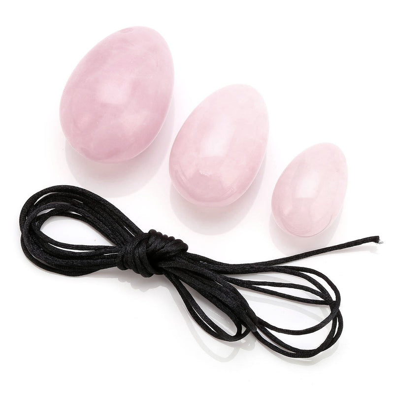 [Australia] - CrystalTears Yoni Eggs 3pcs Drilled Rose Quartz Healing Crystal Kegal Egg with Unwaxed String, Massage Stone for Women to Strengthen Pelvic Floor Muscles 