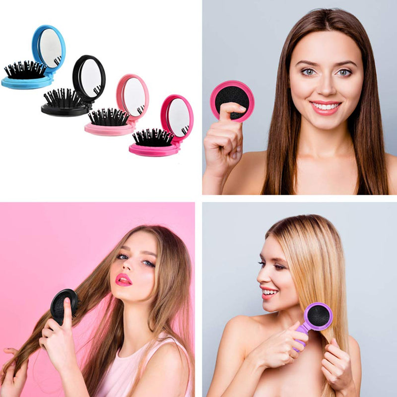 [Australia] - 4 Pcs Round Travel Hair Brush with Mirror Folding Pocket Hair Brush Mini Hair Comb Compact Travel Size Hair Massage Combor for Women and Girls 