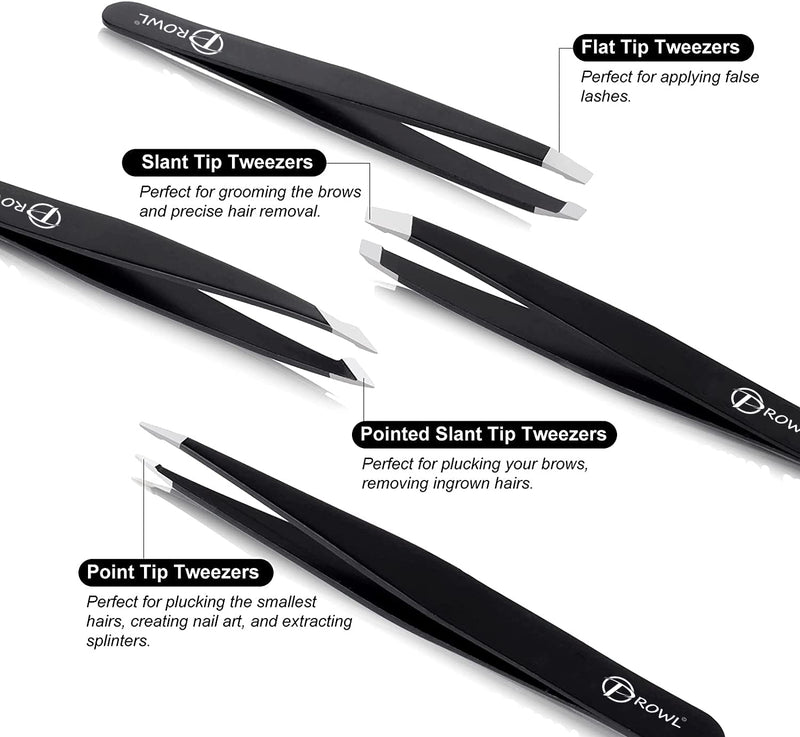 [Australia] - PROWL Professional Stainless Steel Tweezers for Facial Hair Women & Men – Set of 4 Eyebrow Tweezers for Ingrown Hair, Facial Hair, Splinter, Blackhead, and Tick Remover Black 