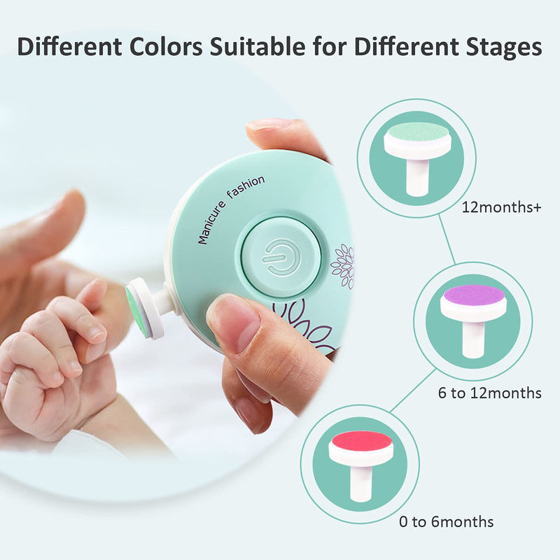 [Australia] - ELERA Baby Electric Nail File, Battery Operated Newborn Nail Trimmer for Toes and Fingers, Replaceable Grinding Heads（Batterie Included)(Mint Green) Green, 3 Heads 