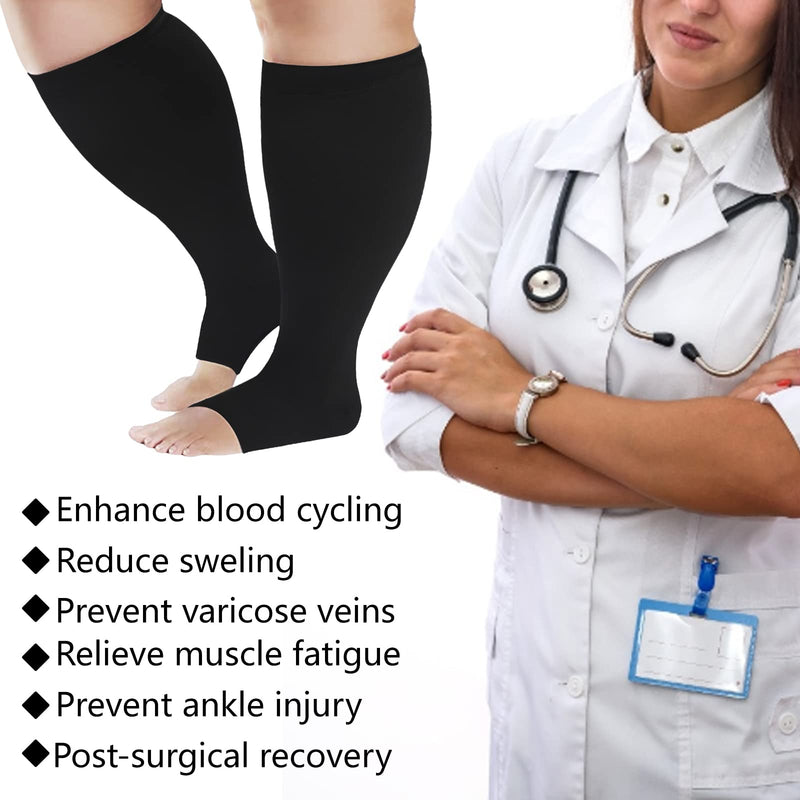 [Australia] - Plus Size Compression Socks Wide Calf Compression Socks for Women Men Medias de Compresion para Mujer Circulation Support 20-30 mmHg Knee High Medical Pro Toeless Open Toe Compression Socks Women Men Black 4X-Large 