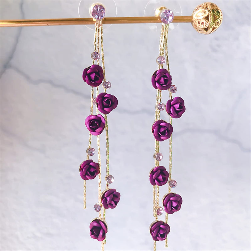 [Australia] - ANDPAI Unique Chic Long Tassel Chain Red Purple Rose Flower Dangle Drop Stud Earrings with White Sparkly Crystal for Women Girls Statement Jewelry Gifts 