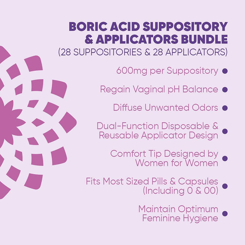 [Australia] - Seroflora Boric Acid Vaginal Suppositories 600 mg 28ct. + Suppository Applicator 28ct. Bundle - Feminine Health - Vaginal Health pH Balance for Women - Supports Vaginal Odor Control 