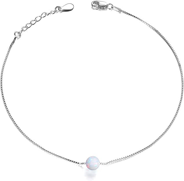 [Australia] - Sterling Silver Created Opal Anklets Dainty Foot Ankle Bracelets for Women Girls White Disc-silver 