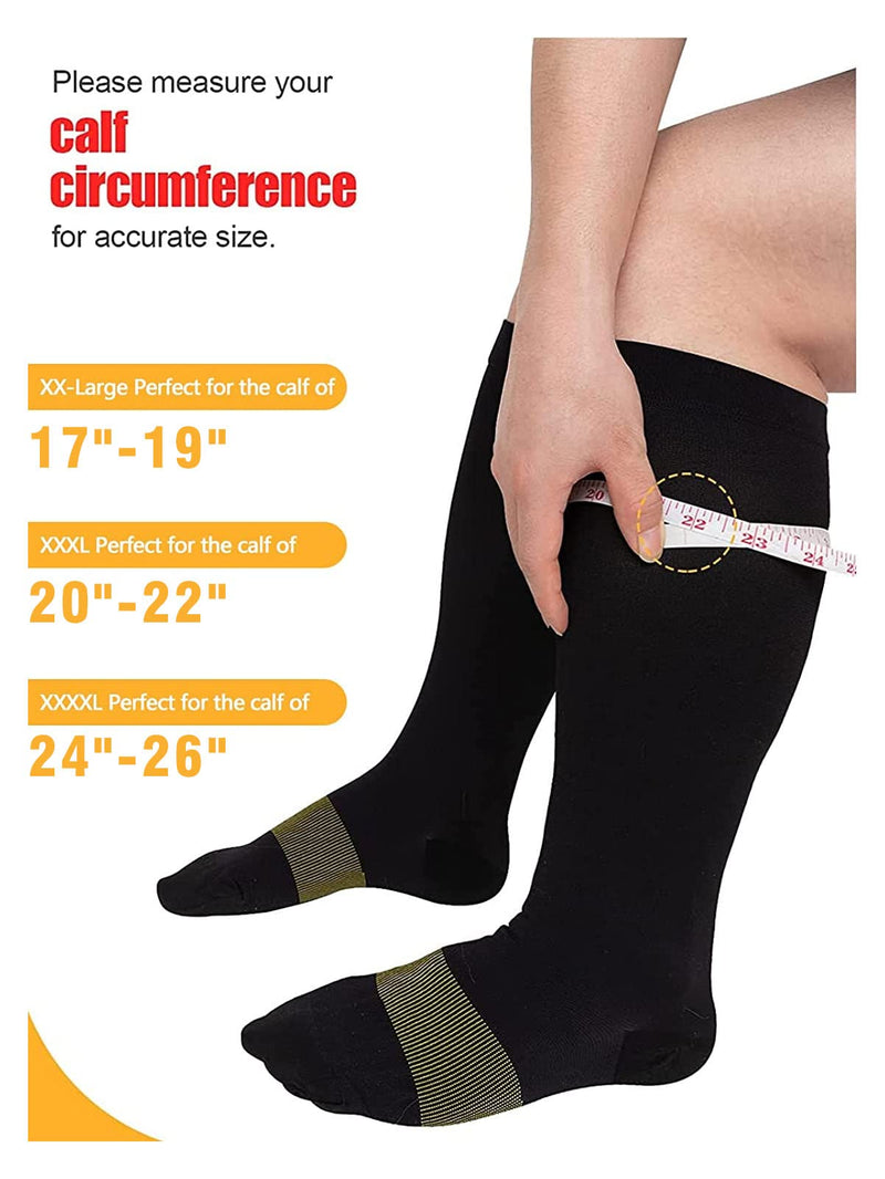 [Australia] - 2 Pairs Plus Size Compression Socks (23-32 mmHg)- 3XL Unisex Extra Wide Calf Support Stockings for The Calf of 20-22 in, Knee-High Circulation Compression Socks for Relieving Leg Pain and Swelling 