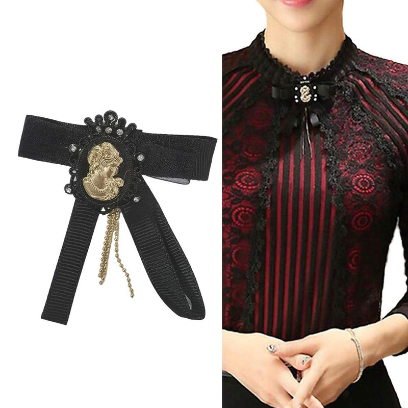 [Australia] - SansoiSan Women's Vintage Beaded Buttons Pleated Shirt Long Sleeve Lace Stretchy Blouse Black and Beige Bow Tie 