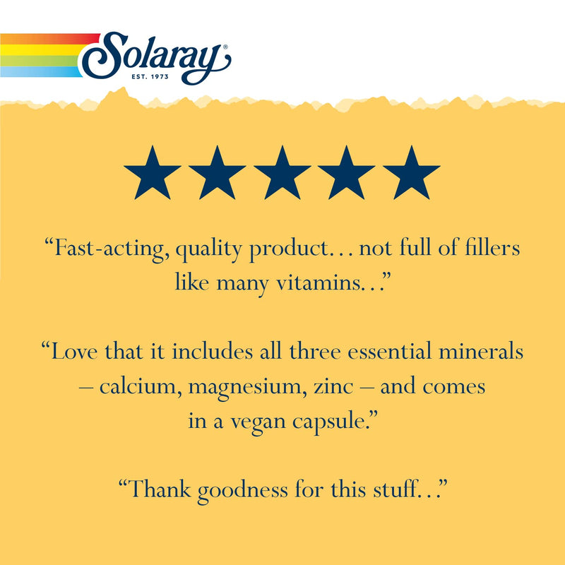 [Australia] - Solaray Calcium Magnesium Zinc Supplement, with Cal & Mag Citrate, Strong Bones & Teeth Support, Easy to Swallow Capsules, Vegan, 60 Day Money Back Guarantee, 25 Servings, 100 VegCaps 100 Count (Pack of 1) 