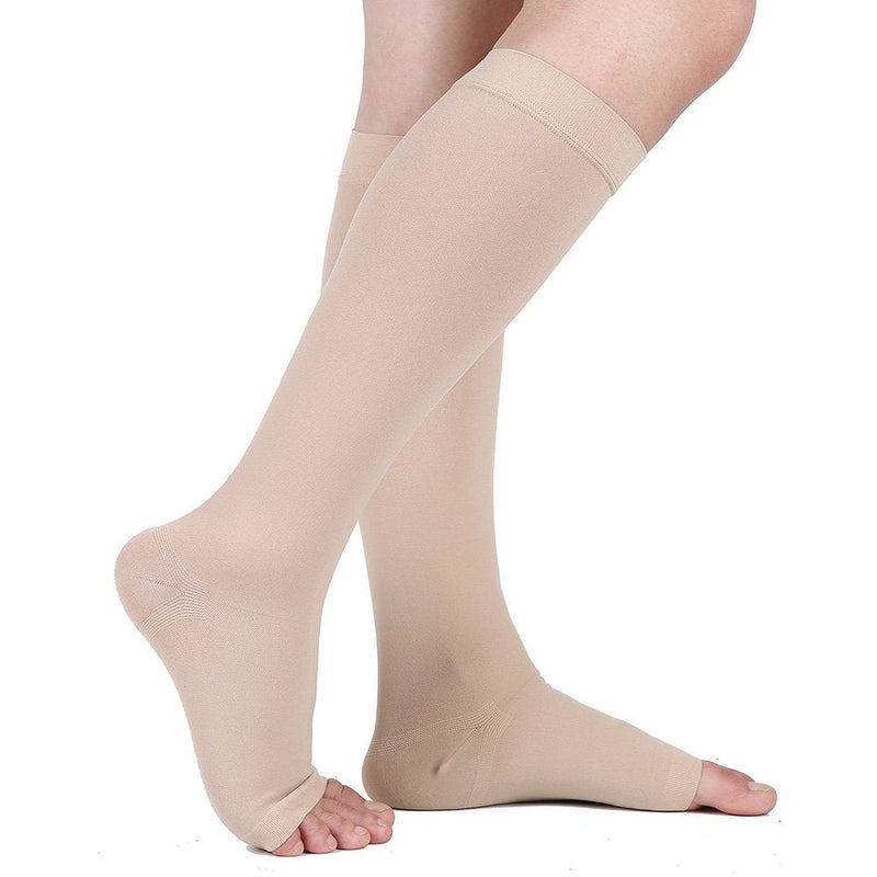 [Australia] - Compression Socks, 20-30 mmHg Graduated Knee-Hi Compression Stockings for Unisex, Open Toe, Opaque, Support Hose for DVT, Pregnancy, Varicose Veins, Relief Shin Splints, Edema, Beige Large 1 Pair Beige 