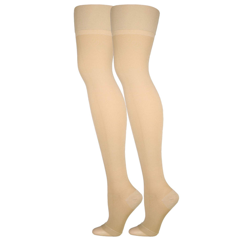 [Australia] - Truform 30-40 mmHg Compression Stockings for Men and Women, Thigh High Length, Open Toe, Beige, Medium 