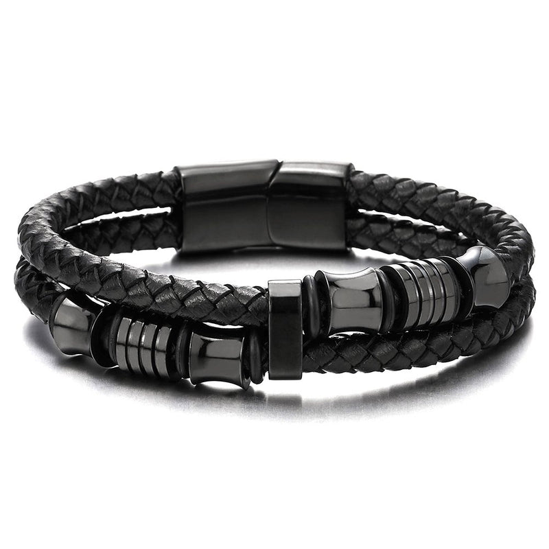 [Australia] - COOLSTEELANDBEYOND Mens Double-Row Black Braided Leather Bracelet Bangle Wristband with Black Stainless Steel Ornaments Metal Color: Black; Leather Color: Black 