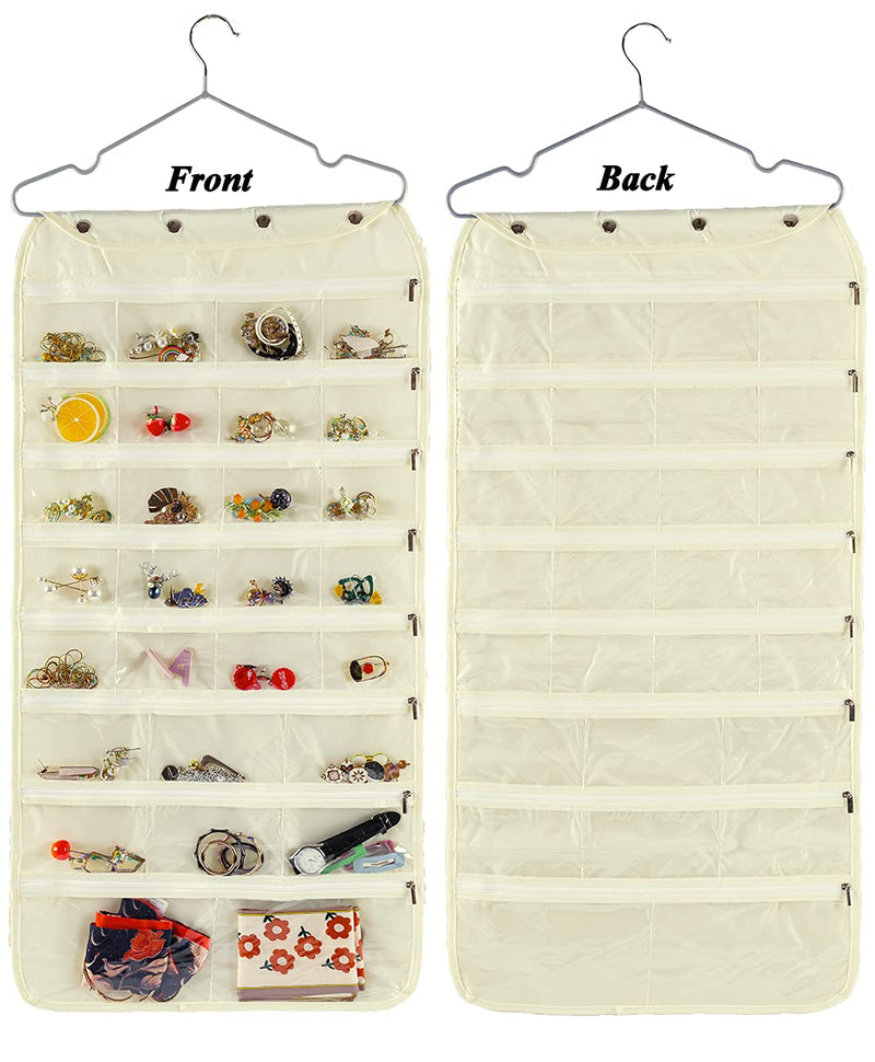 [Australia] - Hanging Jewelry Organizer, Double Sided 56 Pocket Jewelry Chain Storage Bag 2 Layer of Fabric Zipper Travel Jewelry Organizer Holder for Necklace Bracelet Earring Ring Chain Knitting Tool- Beige 