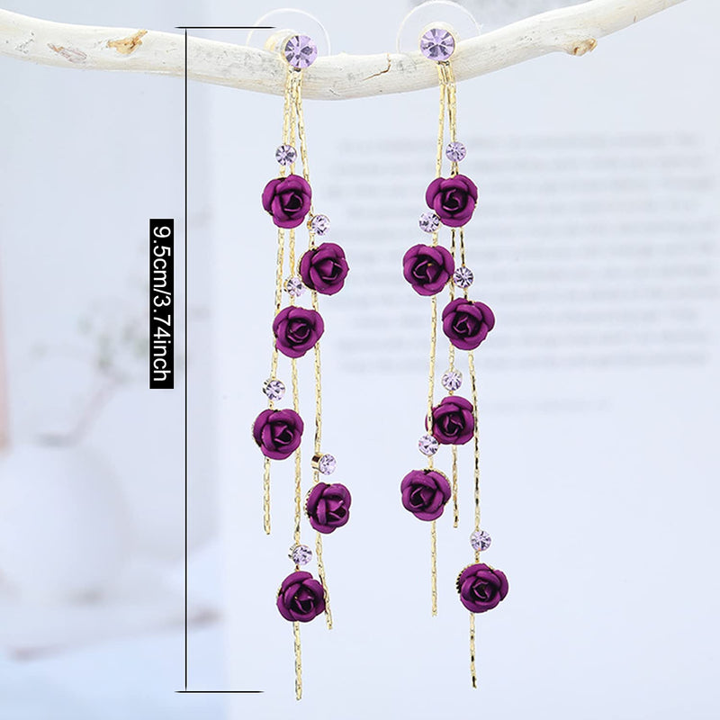 [Australia] - ANDPAI Unique Chic Long Tassel Chain Red Purple Rose Flower Dangle Drop Stud Earrings with White Sparkly Crystal for Women Girls Statement Jewelry Gifts 