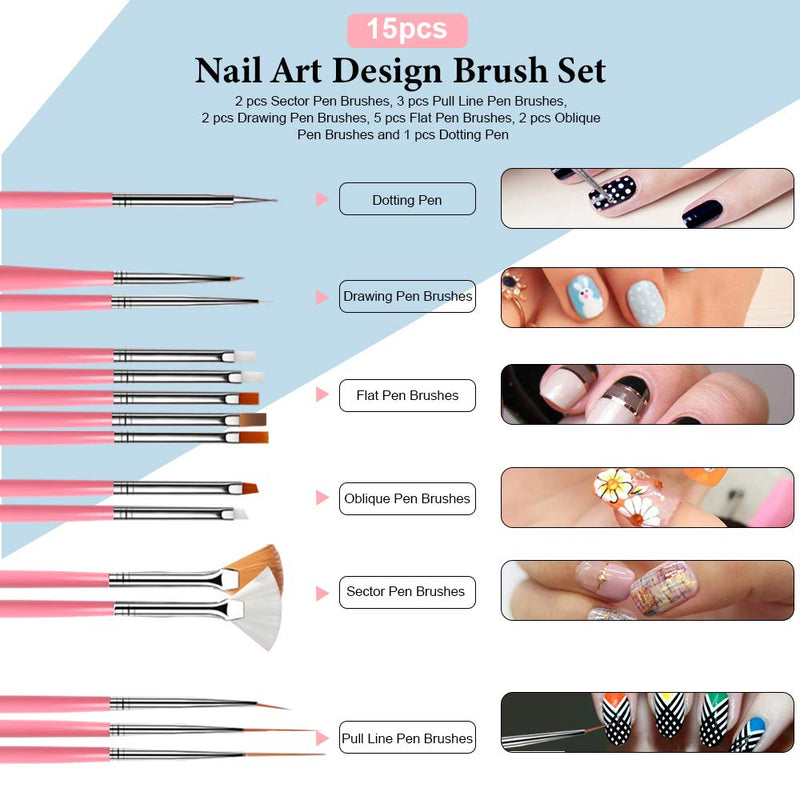 [Australia] - Nail Pen Designer, Teenitor Stamp Nail Art Tool with 15pcs Nail Painting Brushes, Nail Dotting Tool, Nail Foil, Manicure Tape, Color Rhinestones for Nails A-Pink 