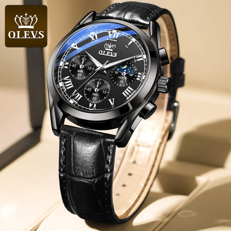 [Australia] - OLEVS Mens Watches Leather Chronograph Gents Watch Moon Phase Calendar Waterproof Luminous Analog Quartz Multifunction Fashion Business Dress Watches for Men Black Leather & Black Face 