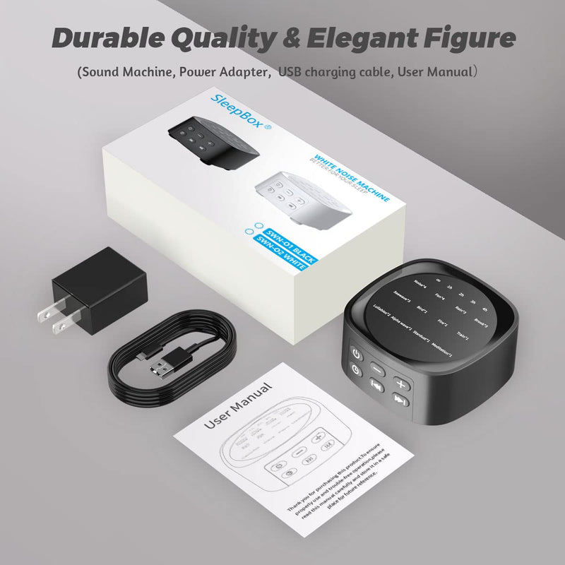 [Australia] - Sleepbox Sound Machines with 36 Volume Levels 5 Timers and Visible Sound Catalog Portable Soothing Sounds and Memory Function Sleep White Noise Machine for Home Office and Travel Black 