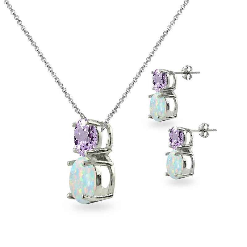 [Australia] - Sterling Silver Genuine, Simulated or Created Gem & Synthetic Opal Double Round Stud Earrings & Necklace Set Amethyst 