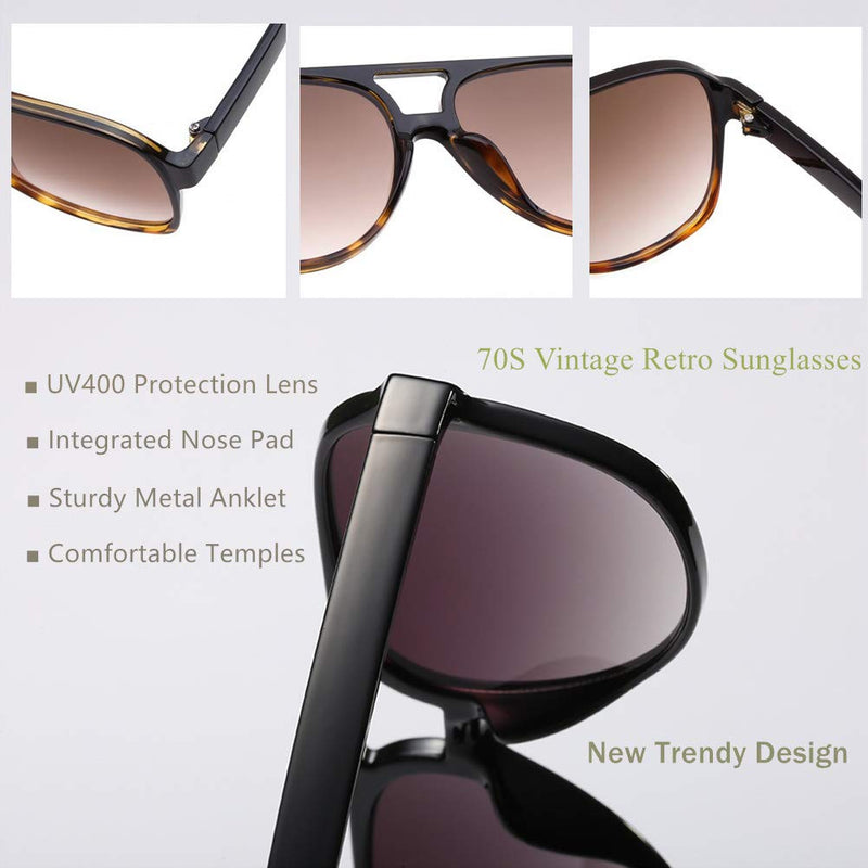 [Australia] - LASPOR Vintage Retro Sunglasses for Women and Men Large Frame Classic 70s Glasses Squared Aviator Shades UV400 Protection Black + Brown 