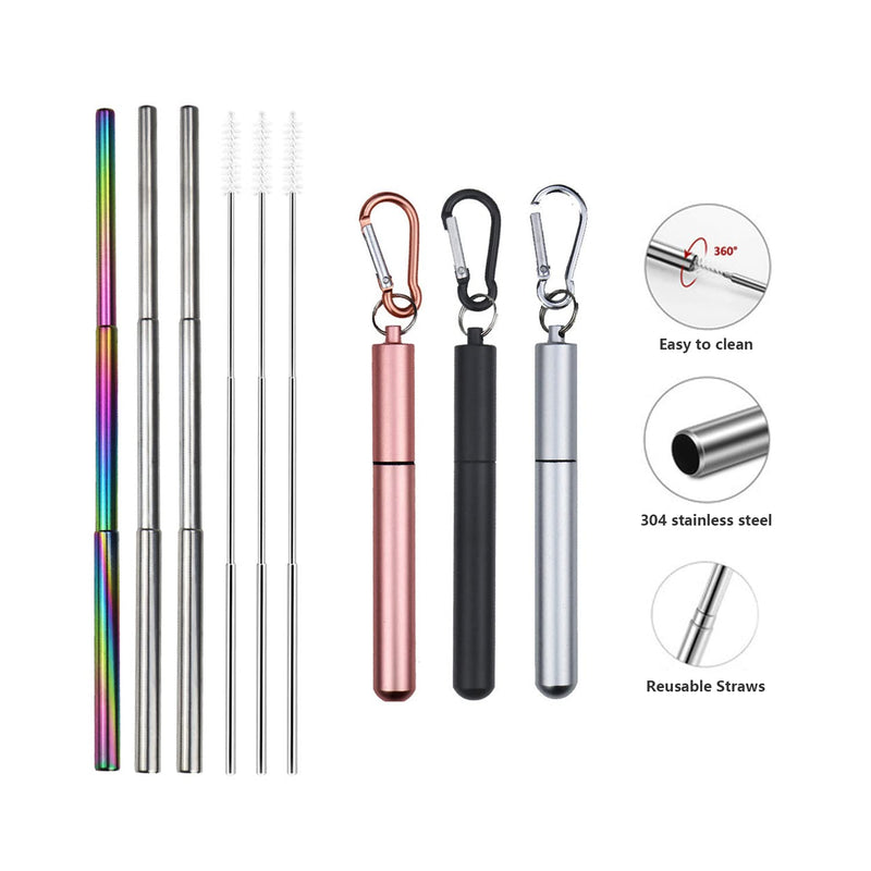 [Australia] - Metal Straw Drinking, 3 Pcs Collapsible Reusable Ttravel Straws with Metal Case Keychain Cleaning Brushes for Home Office School 