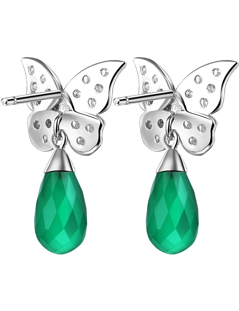 [Australia] - Sterling Silver Natural May Birthstone Green Onyx Gemstone Butterfly Unique Design Teardrop Hook Dangle Earrings Jewelry Birthday Gift for Women Girls 