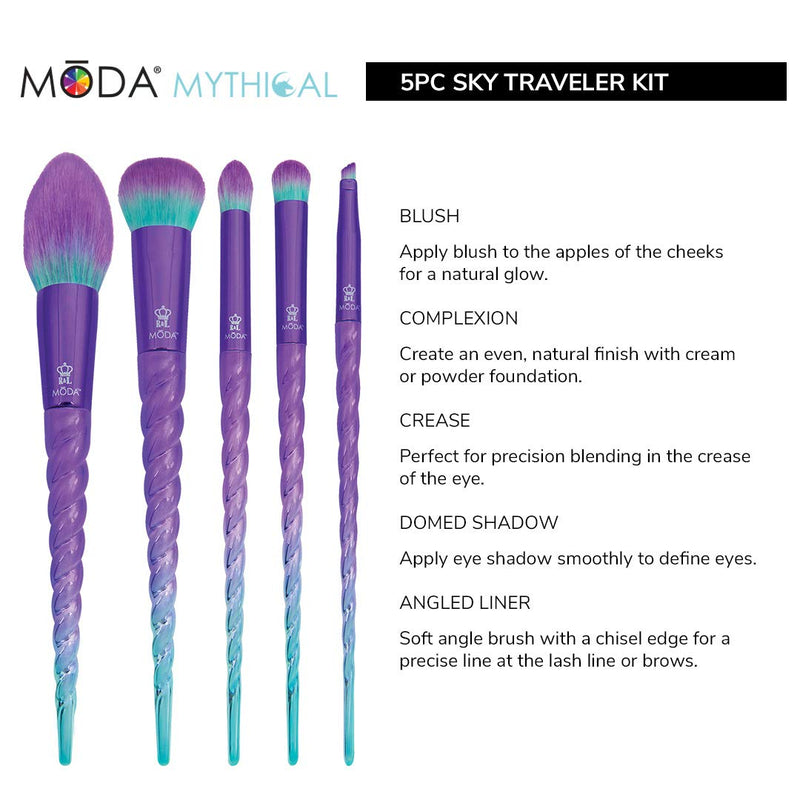 [Australia] - MODA Full Size Mythical Sky Traveler Unicorn 5pc Makeup Brush Set, Includes - Blush, Complexion, Domed Shadow, Crease, and Angle Eyeliner Brushes (Purple) Purple 