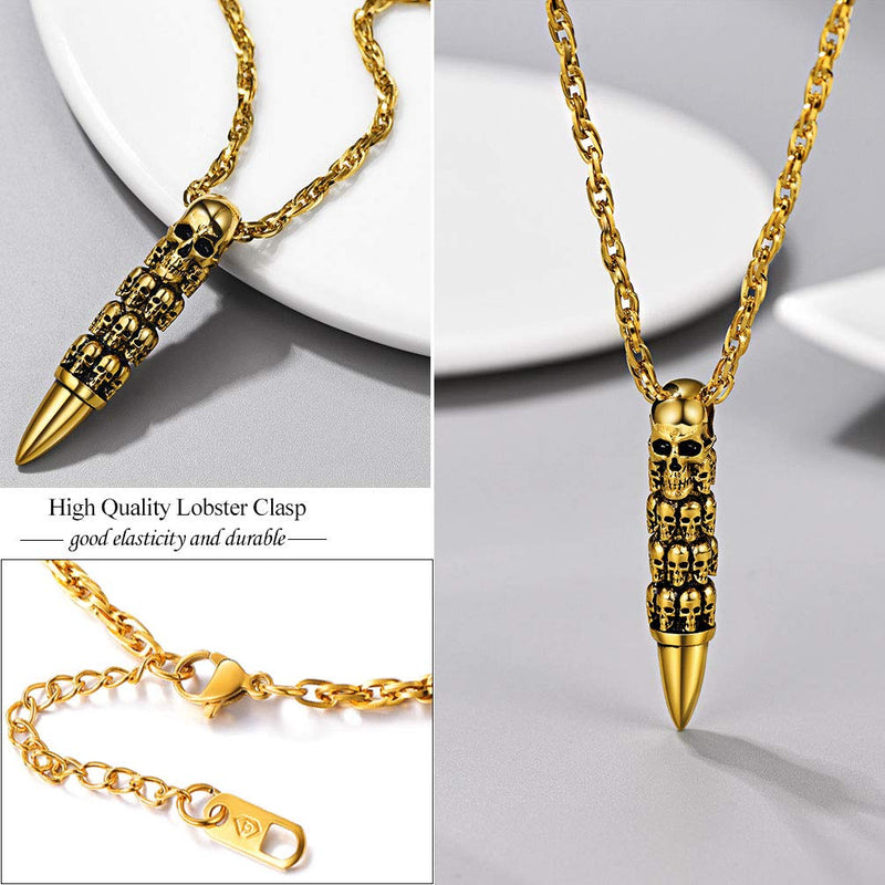 [Australia] - Skull Bullet Necklace/Skull Feather Necklace/Skull Necklace, Stainless Steel Gothic Punk Statement Jewelry for Men/Women, Come Gift Box Bullet Skull-Gold 