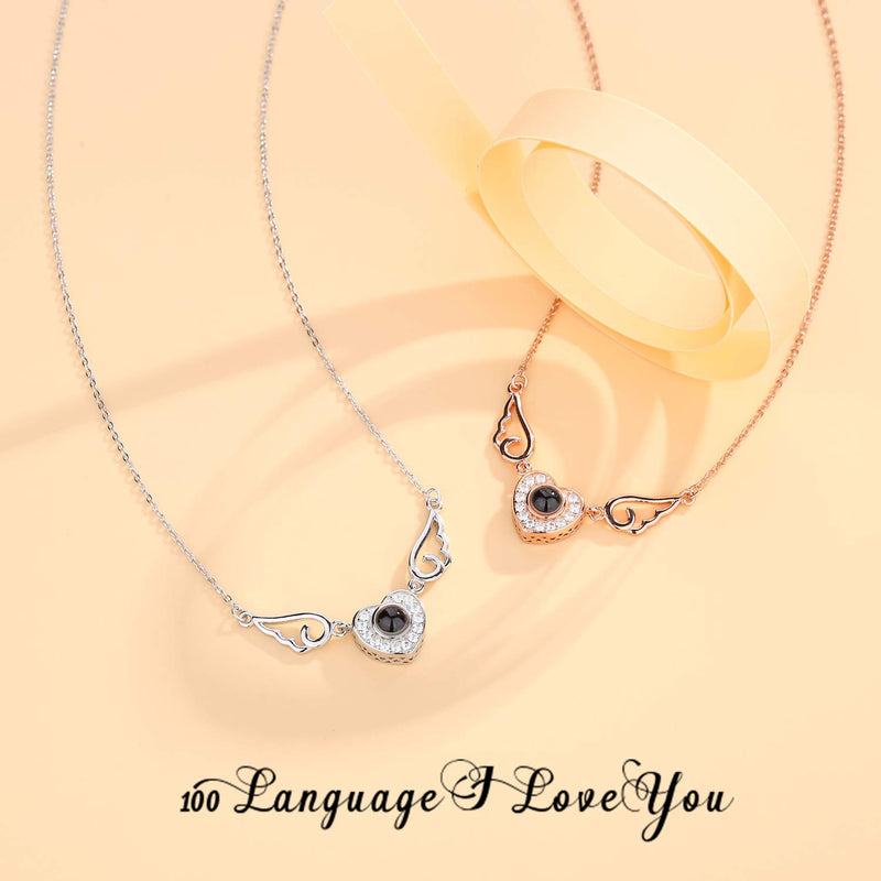 [Australia] - CELESTIA I Love You 100 Languages Necklace for Women, Sterling Silver Love Heart Projection Necklace Memory Jewelry Gifts for Girlfriend Wife Girls Angel wings silver 