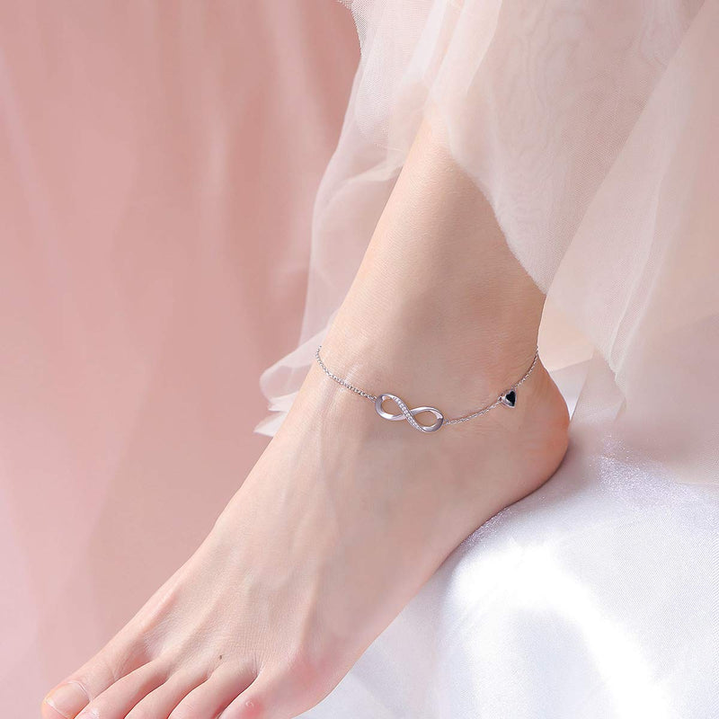 [Australia] - FLYOW Anklet for Women S925 Sterling Silver Adjustable Foot Heart Infinity Ankle Bracelet Anklets Black 