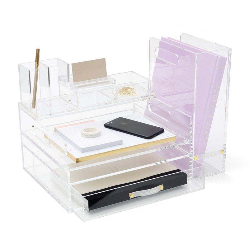 [Australia] - russell+hazel Acrylic Pencil Bloc Two Compartment Pen Cup with Business Card Holder, Clear, 4” x 4” x 4” Dual Pen and Card Holder 