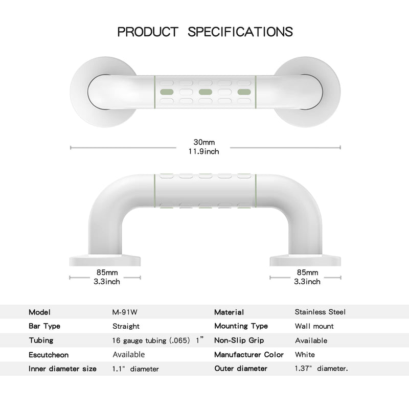 [Australia] - Straight Stainless Steel Shower Grab Bar with Plastic-Plated Finish, Anti-Slip Shower Wall Grip Handle Towel Rail, White 30cm White - 30cm 