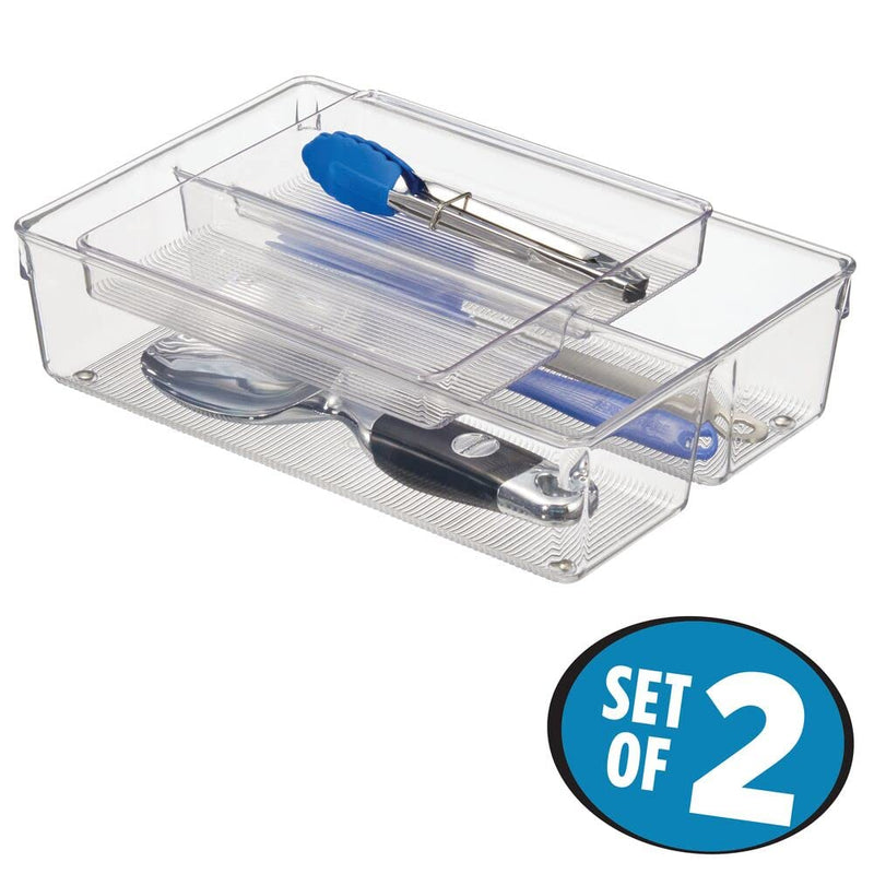 [Australia] - mDesign 2-Piece Kitchen Drawer Organiser for Kitchen Utensils and Tools - Cutlery Tray and Kitchen Utensil Holder - 2 Sliding Trays with 2 Compartments Each - Clear 