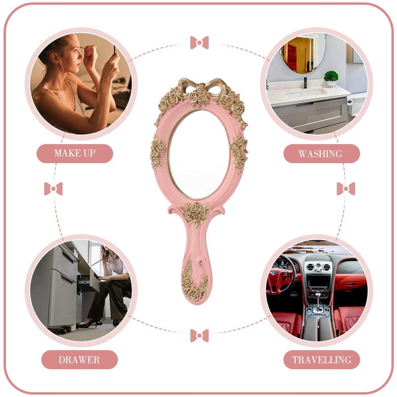 [Australia] - Makeup Hand Mirror Vintage Travel Hand Held Mirror, Pink Rose Cosmetic Mirror with Handle for Girls Resin Material Round Handheld Mirror 