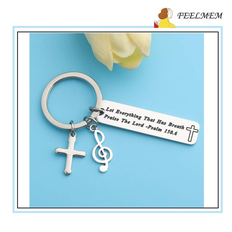 [Australia] - FEELMEM Music Lover Gift Let Everything That Has Breath Praise The Lord Bible Verse Keychain with Music Note Charm Cross Charm Musician's Prayer Jewelry Gift silver 