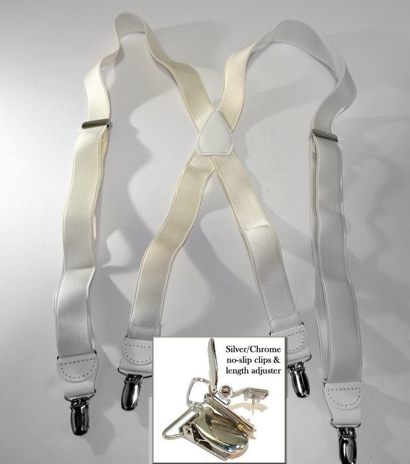 [Australia] - Holdup Brand X-back 1" wide Satin Finish White Suspenders with No-slip Silver Clips 