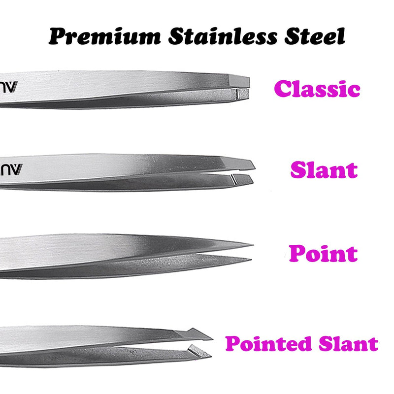 [Australia] - Tweezers Set 4-Piece - AUMELO Professional Stainless Steel Slant Tip and Pointed Eyebrow Tweezers - Great Precision for Eyebrow,Splinter,Ingrown Hair Removal Tweezer(Silver) Silver 