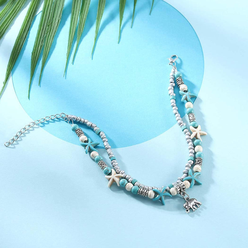 [Australia] - Brinote Boho Layered Beads Anklets Silver Starfish Ankle Bracelet Beach Turquoise Foot Chain Jewelry for Women and Girls (Elephant) Elephant 