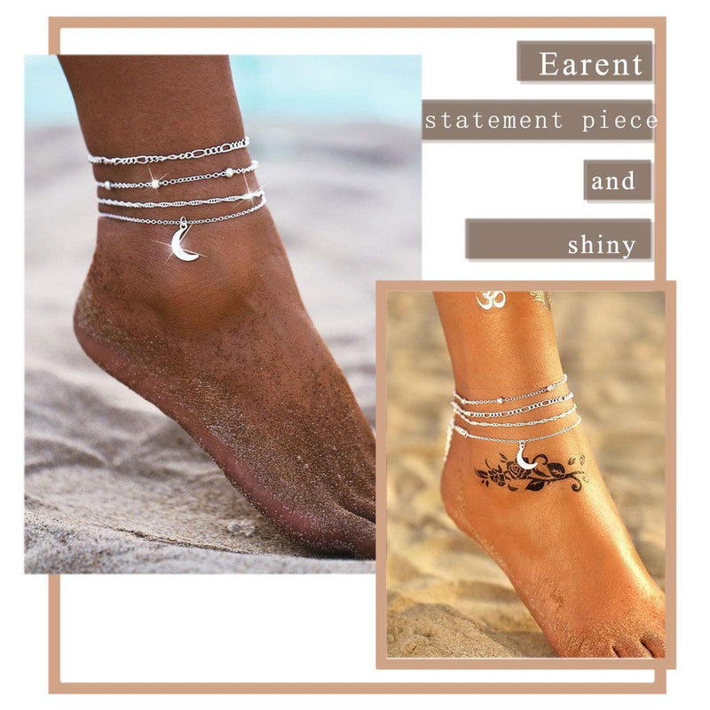 [Australia] - Earent Boho Layered Anklets Silver Moon Pendant Ankle Bracelets Chain Beach Foot Jewelry Adjustable for Women and Girls 