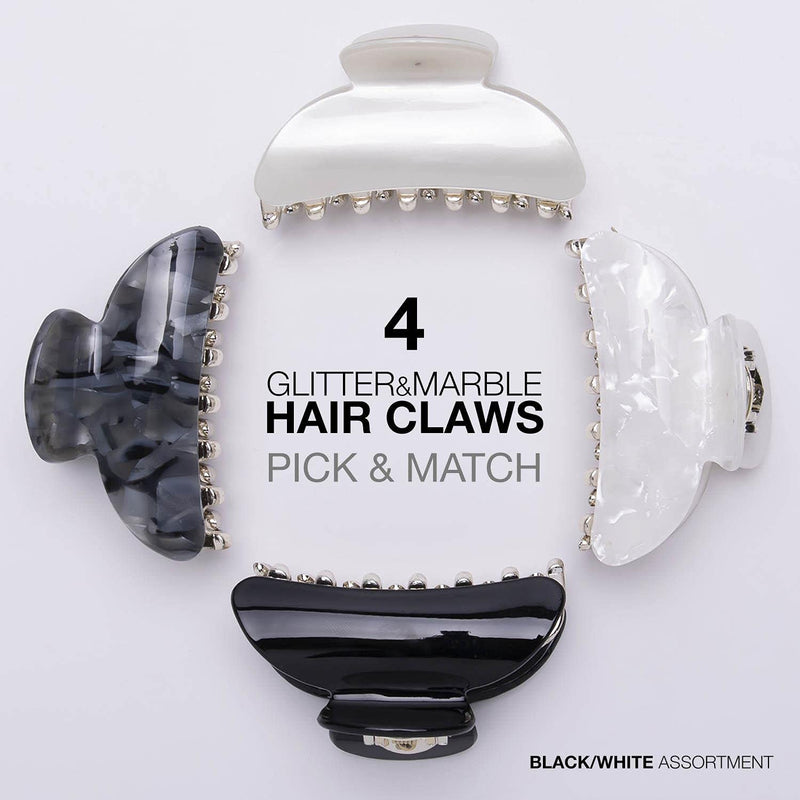 [Australia] - BasicSense 4PCS Hair Claw Set Sturdy Glitter Marble Clamp Clips Set for Women Girls Medium hair grips, Black and White Assortment M (Pack of 4) Black & White 
