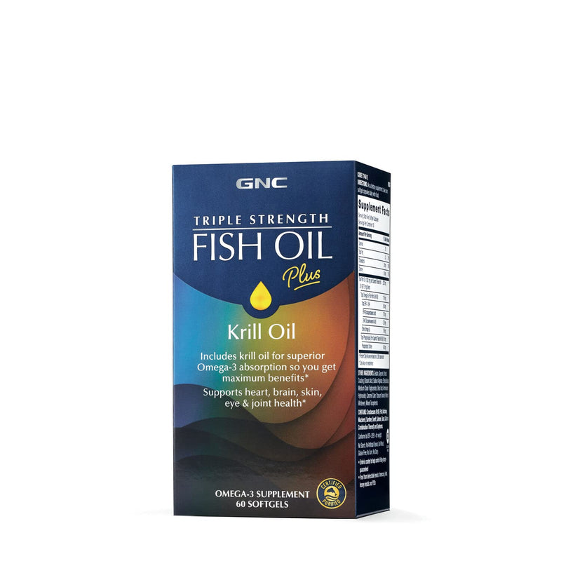 [Australia] - GNC Triple Strength Fish Oil Plus Krill Oil | Includes Krill Oil for Superior Omega-3 Absorption, Supports Heart, Brain, Skin, Eye, and Joint Health | 60 Softgels 