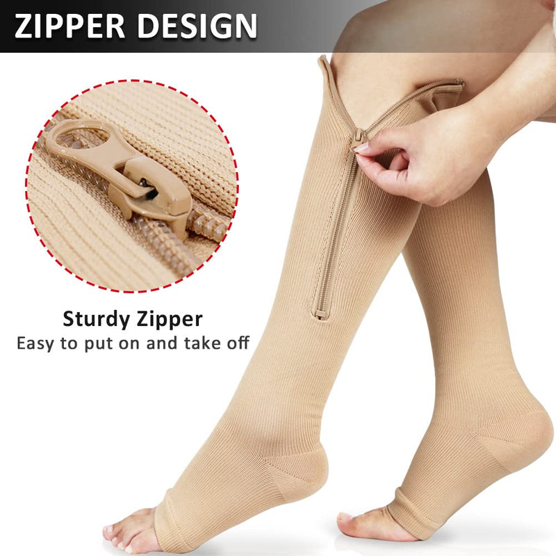 [Australia] - Ailaka Zipper 15-20 mmHg Compression Socks for Women Men, Knee High Open Toe Support Graduated Medical Varicose Veins Hosiery for Edema, Swollen, Pregnancy, Recovery (1 Pair) 3XL Beige 