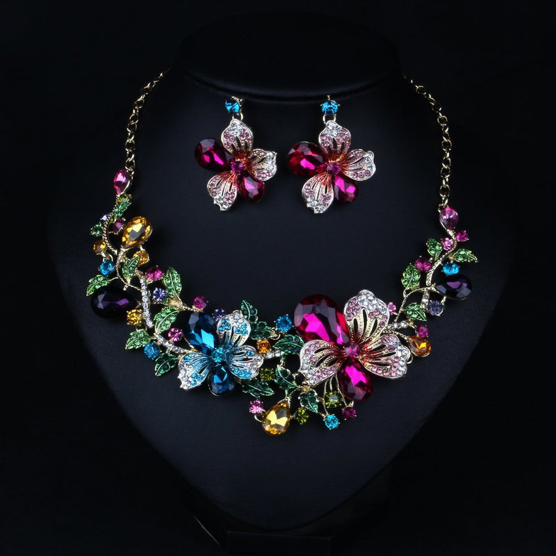 [Australia] - Hamer Wedding Jewelry Sets for Brides Multi-Color Crystal Flowers Choker Gothic Necklace and Earrings Sets Costume Jewelry for Women 