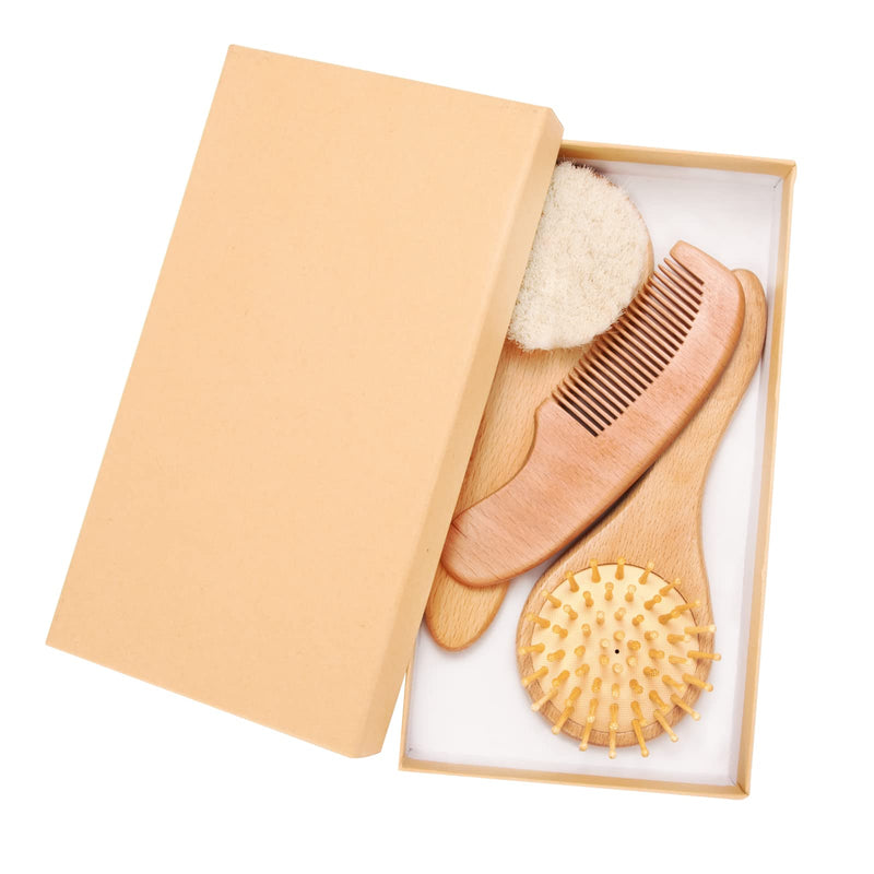 [Australia] - Baby Hair Brush and Comb Set Natural Soft Bristles Hairbrush Anti-Static Wood Massage Hair Comb for Newborns and Toddlers 3Pcs 